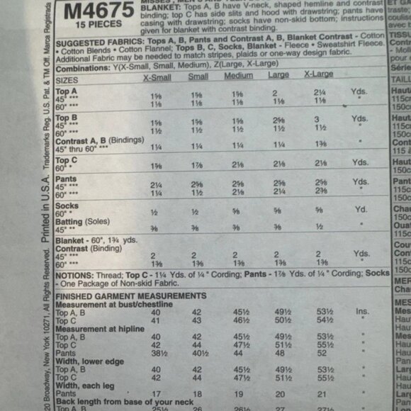 McCall's M4675 Misses'/Men's/Teen Boys' Tops, Pants, Socks, Blanket LG, XLG. - Picture 2 of 3